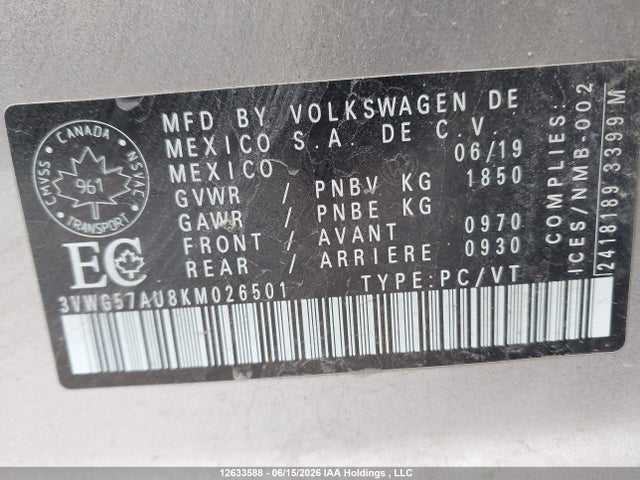 Aukcja sprzedaży 2019 Volkswagen Golf 1.4 Tsi Comfortline/1.4 Tsi Execline/1.4 Tsi Highline, vin: 3VWG57AU8KM026501, numer aukcji: 12633588
