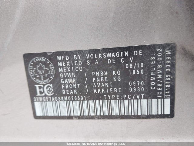 Aukcja sprzedaży 2019 Volkswagen Golf 1.4 Tsi Comfortline/1.4 Tsi Execline/1.4 Tsi Highline, vin: 3VWG57AU8KM026501, numer aukcji: 12633588