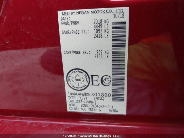 Nissan Altima 2019 1N4BL4FW8KN301890 Image 9