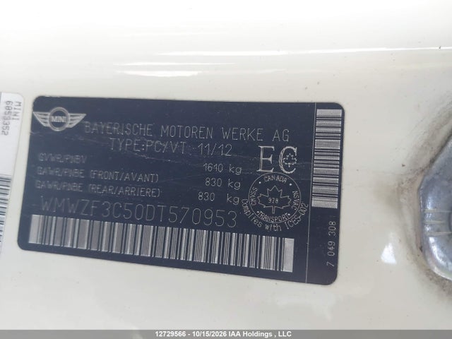 Продажа на аукционе авто 2013 Mini Clubman Cooper, vin: WMWZF3C50DT570953, номер лота: 12729566