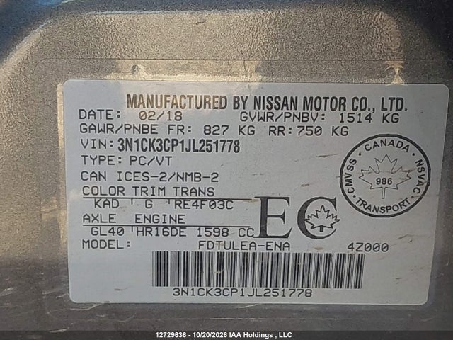 3N1CK3CP1JL251778 Nissan Micra S/sr/sv