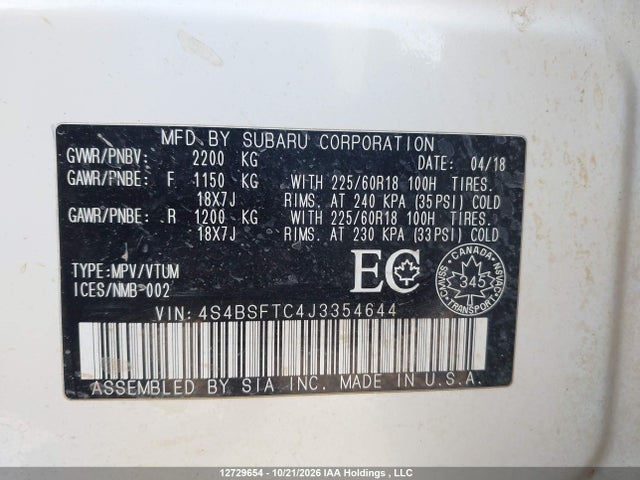 Subaru Outback 3.6r Premier Eyesight Package 2018 4S4BSFTC4J3354644 Image 9