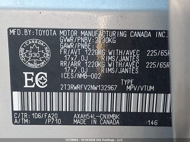 2T3RWRFV2NW132967 Toyota Rav4 Xle