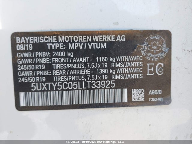 12729693 :رقم المزاد ، 5UXTY5C05LLT33925 vin ، 2020 Bmw X3 Xdrive30i مزاد بيع