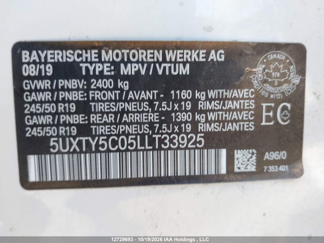 12729693 :رقم المزاد ، 5UXTY5C05LLT33925 vin ، 2020 Bmw X3 Xdrive30i مزاد بيع