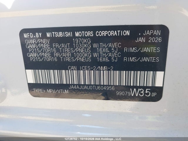Aukcja sprzedaży 2026 Mitsubishi Rvr Es, vin: JA4AJUAU0TU604956, numer aukcji: 12729752