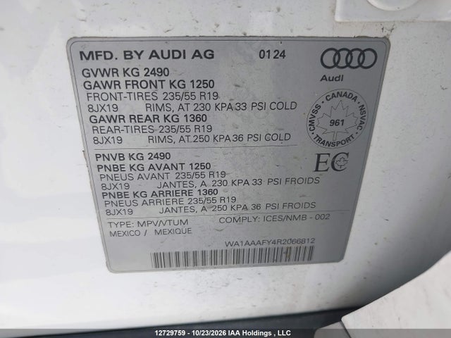 Auction sale of the 2024 Audi Q5, vin: WA1AAAFY4R2066812, lot number: 12729759