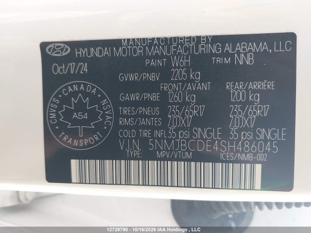 12729790 :رقم المزاد ، 5NMJBCDE4SH486045 vin ، 2025 Hyundai Tucson Sel مزاد بيع