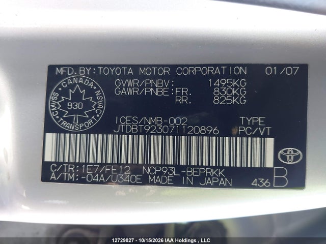 Aukcja sprzedaży 2007 Toyota Yaris, vin: JTDBT923071120896, numer aukcji: 12729827