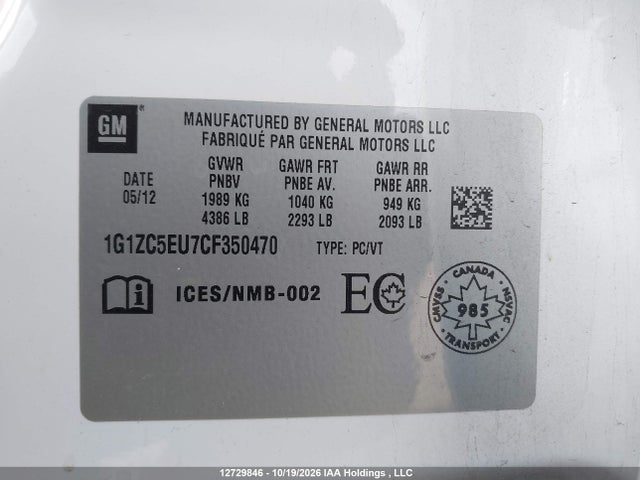Продажа на аукционе авто 2012 Chevrolet Malibu 1lt, vin: 1G1ZC5EU7CF350470, номер лота: 12729846
