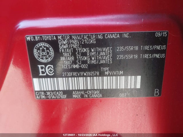 2T3DFREV1FW392578 Toyota Rav4 Limited