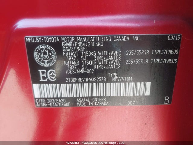 2T3DFREV1FW392578 Toyota Rav4 Limited