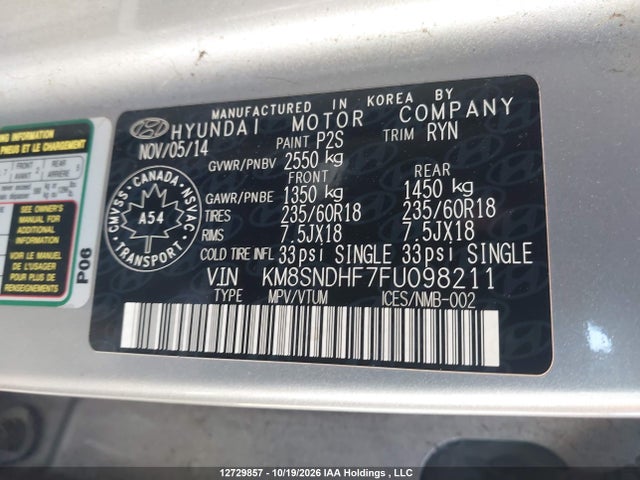 12729857 :رقم المزاد ، KM8SNDHF7FU098211 vin ، 2015 Hyundai Santa Fe Gls/limited مزاد بيع