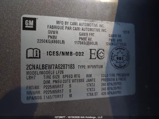 12729877 :رقم المزاد ، 2CNALBEW7A6287183 vin ، 2010 Chevrolet Equinox Ls مزاد بيع