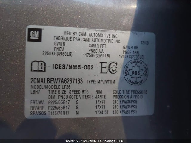 12729877 :رقم المزاد ، 2CNALBEW7A6287183 vin ، 2010 Chevrolet Equinox Ls مزاد بيع