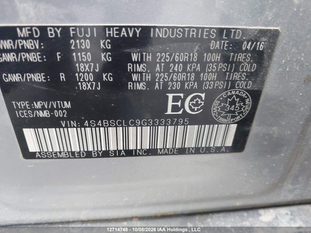 Auction sale of the 2016 Subaru Outback 2.5i Limited Package, vin: 4S4BSCLC9G3333795, lot number: 12714748