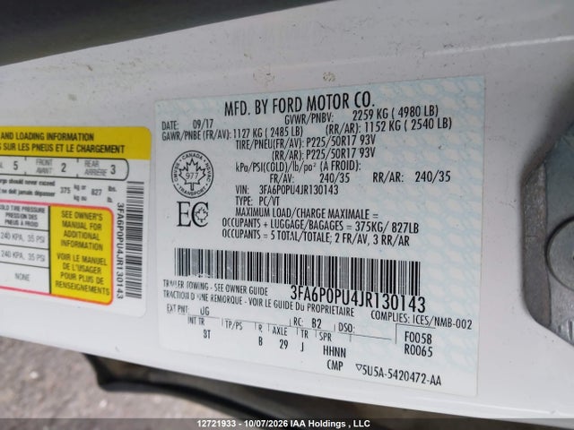 12721933 :رقم المزاد ، 3FA6P0PU4JR130143 vin ، 2018 Ford Fusion Energi Se Luxury مزاد بيع