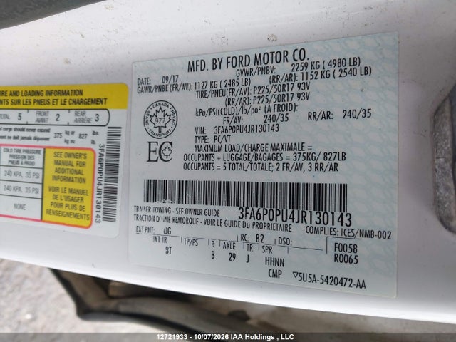 12721933 :رقم المزاد ، 3FA6P0PU4JR130143 vin ، 2018 Ford Fusion Energi Se Luxury مزاد بيع
