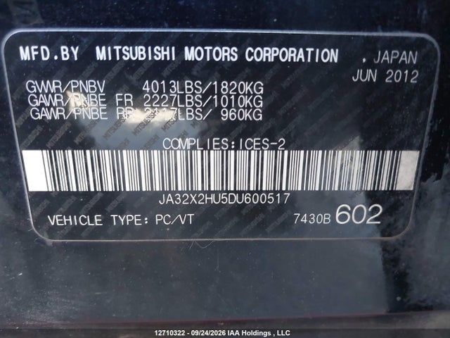 12710322 :رقم المزاد ، JA32X2HU5DU600517 vin ، 2013 Mitsubishi Lancer Sportback Se مزاد بيع