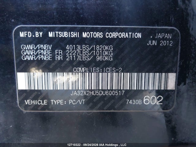 12710322 :رقم المزاد ، JA32X2HU5DU600517 vin ، 2013 Mitsubishi Lancer Sportback Se مزاد بيع