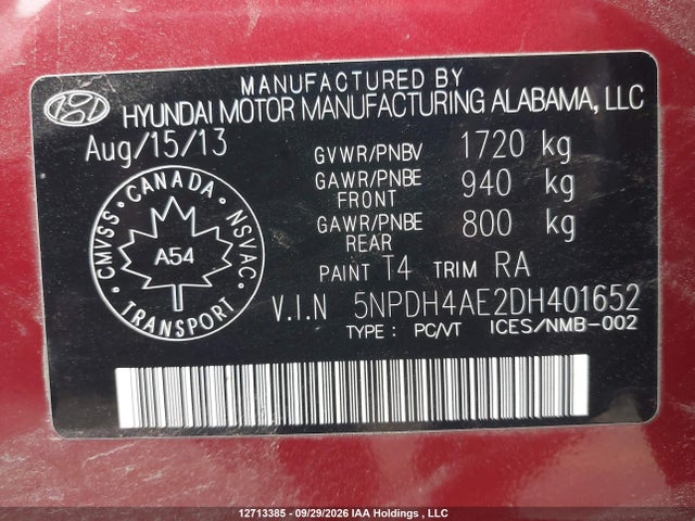 Продажа на аукционе авто 2013 Hyundai Elantra Gls, vin: 5NPDH4AE2DH401652, номер лота: 12713385