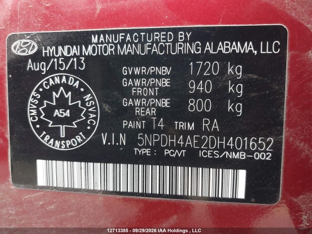 Продажа на аукционе авто 2013 Hyundai Elantra Gls, vin: 5NPDH4AE2DH401652, номер лота: 12713385