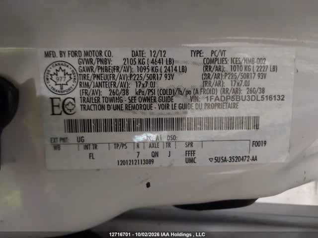 12716701 :رقم المزاد ، 1FADP5BU3DL516132 vin ، 2013 Ford C-max Hybrid Sel مزاد بيع