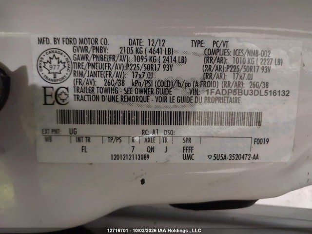 12716701 :رقم المزاد ، 1FADP5BU3DL516132 vin ، 2013 Ford C-max Hybrid Sel مزاد بيع