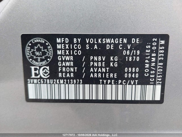 Auction sale of the 2019 Volkswagen Jetta 1.4 Tsi Comfortline, vin: 3VWC57BU2KM213973, lot number: 12717872