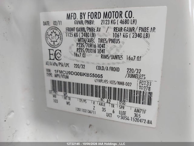 Aukcja sprzedaży 2011 Ford Escape Xlt Automatic, vin: 1FMCU9DG0BKB55065, numer aukcji: 12722145