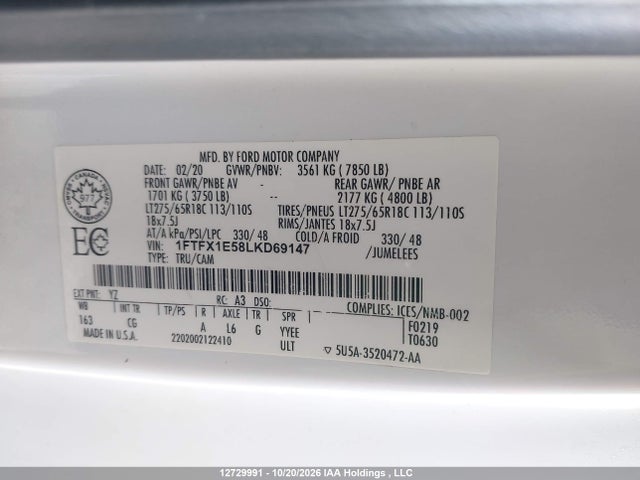 2020 Ford F-150 Xl მანქანა იყიდება აუქციონზე, vin: 1FTFX1E58LKD69147, აუქციონის ნომერი: 12729991