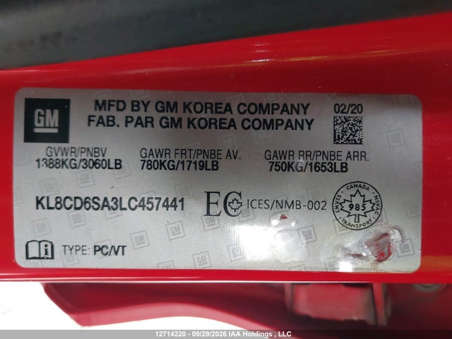 12714220 :رقم المزاد ، KL8CD6SA3LC457441 vin ، 2020 Chevrolet Spark 1lt Cvt مزاد بيع