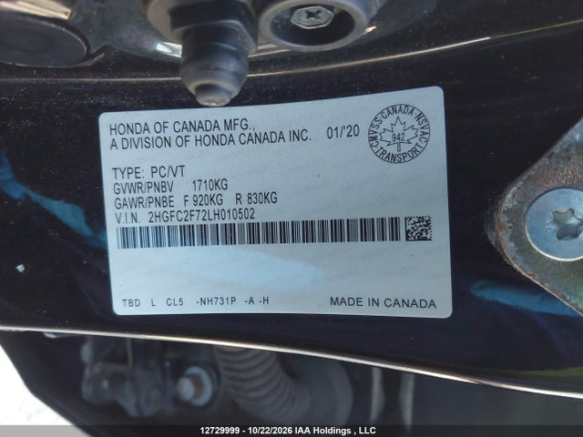 Aukcja sprzedaży 2020 Honda Civic Ex, vin: 2HGFC2F72LH010502, numer aukcji: 12729999