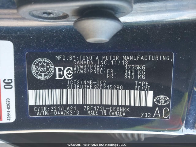 2T1BURHE6KC215280 Toyota Corolla L/le/xle/se/xse