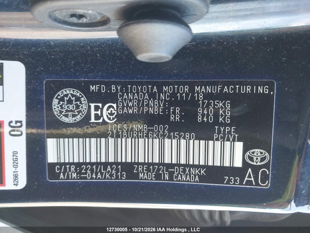 2T1BURHE6KC215280 Toyota Corolla L/le/xle/se/xse