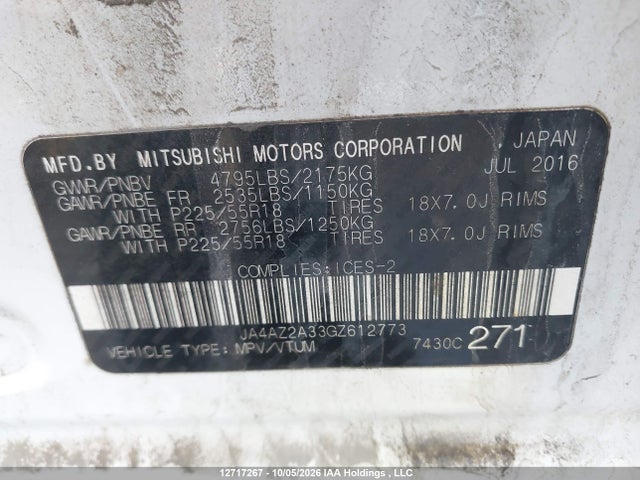 Aukcja sprzedaży 2016 Mitsubishi Outlander Es, vin: JA4AZ2A33GZ612773, numer aukcji: 12717267
