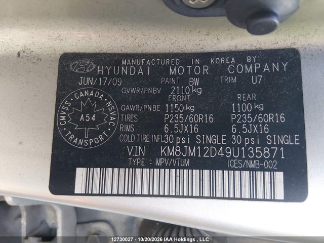 12730027 :رقم المزاد ، KM8JM12D49U135871 vin ، 2009 Hyundai Tucson Gls مزاد بيع