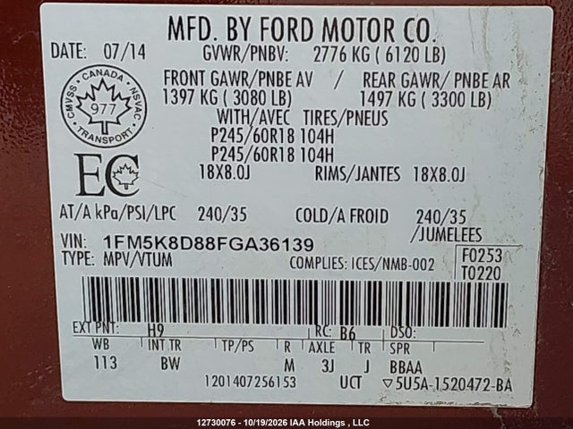 Продаж на аукціоні авто 2015 Ford Explorer Xlt, vin: 1FM5K8D88FGA36139, номер лоту: 12730076