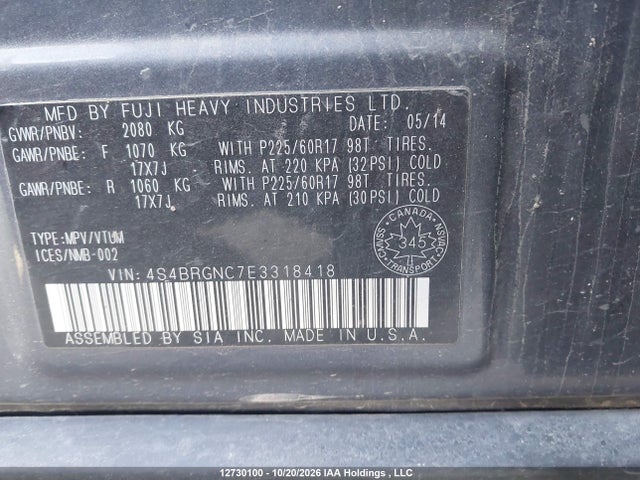 Subaru Outback 2.5i Limited 2014 4S4BRGNC7E3318418 Image 9