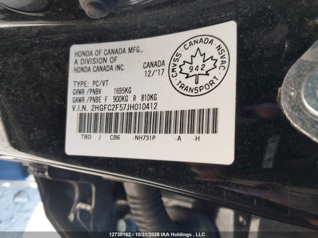12730162 :رقم المزاد ، 2HGFC2F57JH010412 vin ، 2018 Honda Civic Lx مزاد بيع