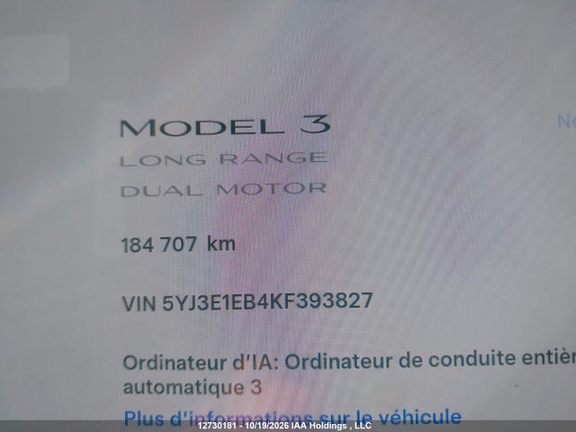 12730181 :رقم المزاد ، 5YJ3E1EB4KF393827 vin ، 2019 Tesla Model 3 Long Range/performance مزاد بيع