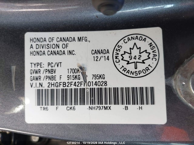 Honda Civic Lx 2015 2HGFB2F42FH014028 Image 9