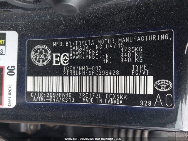 2T1BURHE9FC396428 Toyota COROLLA LE