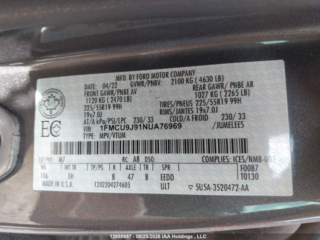 Продаж на аукціоні авто 2022 Ford Escape Titanium, vin: 1FMCU9J91NUA76969, номер лоту: 12688657