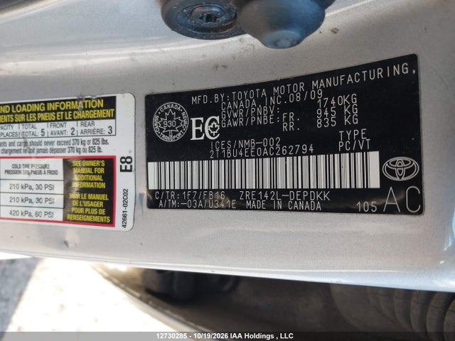 12730285 :رقم المزاد ، 2T1BU4EE0AC262794 vin ، 2010 Toyota Corolla S/le/xle مزاد بيع