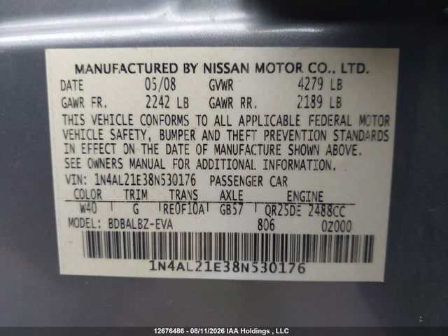 Продаж на аукціоні авто 2008 Nissan Altima 2.5 S, vin: 1N4AL21E38N530176, номер лоту: 12676486