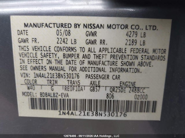 Продаж на аукціоні авто 2008 Nissan Altima 2.5 S, vin: 1N4AL21E38N530176, номер лоту: 12676486