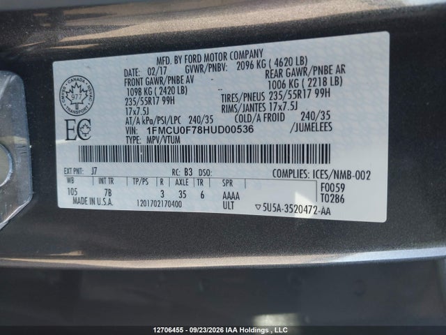 2017 Ford Escape S მანქანა იყიდება აუქციონზე, vin: 1FMCU0F78HUD00536, აუქციონის ნომერი: 12706455