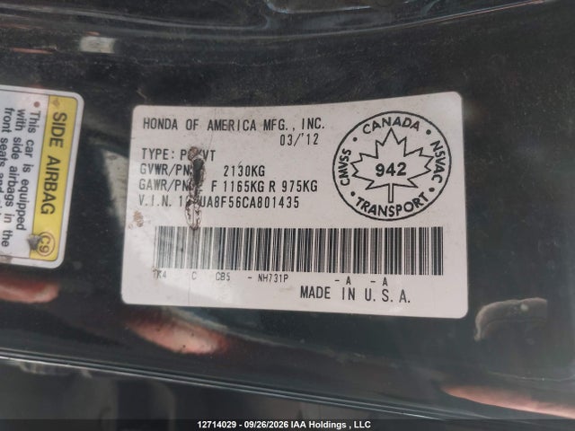2012 Acura Tl მანქანა იყიდება აუქციონზე, vin: 19UUA8F56CA801435, აუქციონის ნომერი: 12714029