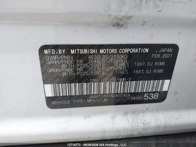 JA4ATUAA2NZ602924 Mitsubishi Eclipse Cross Es
